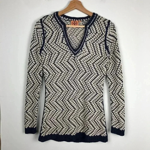 Tory Burch Sweater Crochet Knit Pullover Chevron Boho Chic Luxury Designer XS - Picture 4 of 5